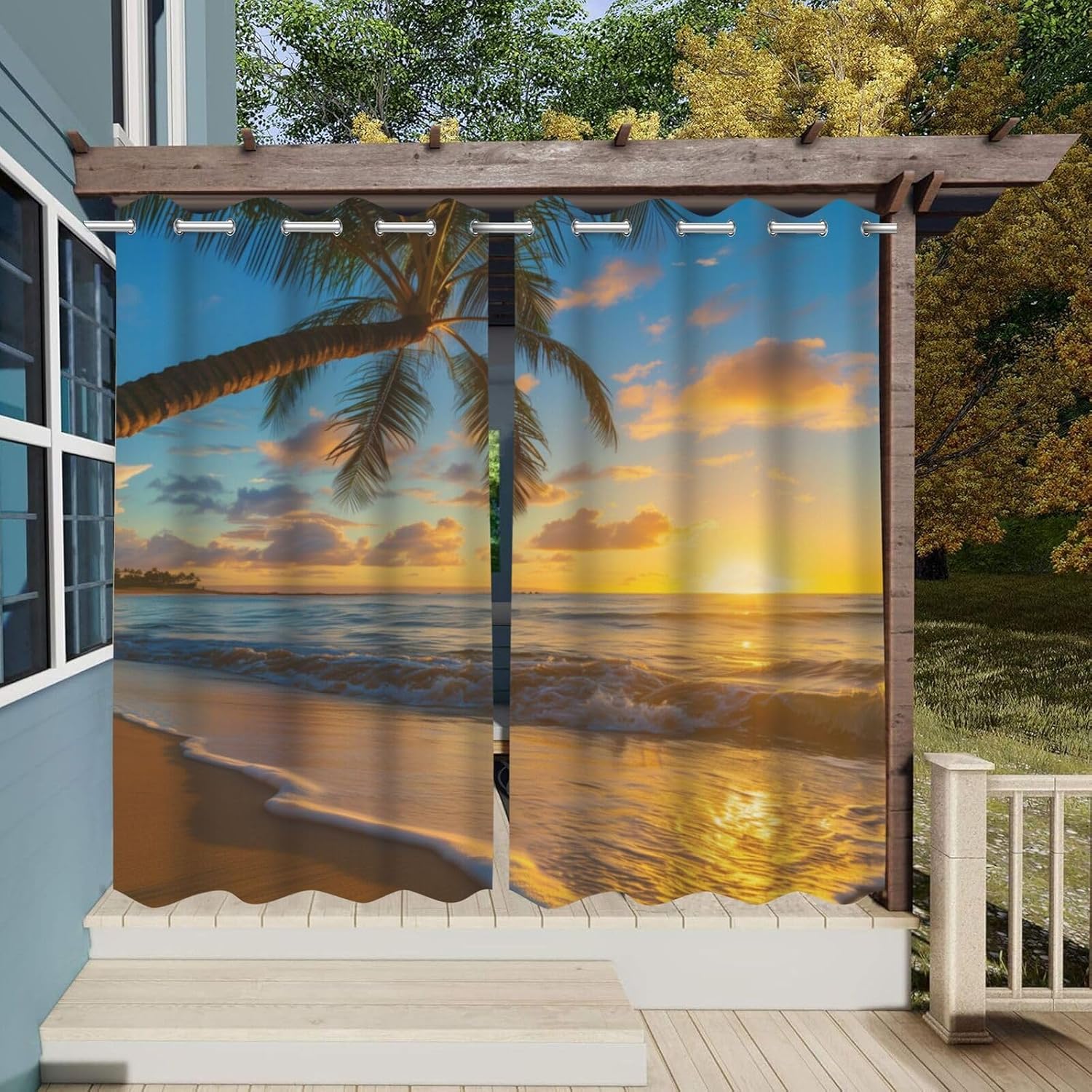 Tropical Landscape at Sunset Waterproof Outdoor Curtains for Patio,Beach Palm Trees Pattern,Light Filtering Curtains Outside Curtains for Porch,Gazebo,Pergola,Backyard,2 Panels,W54 x L84,Blue Orange