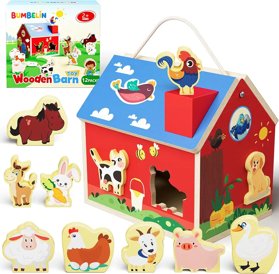 Wooden Barn Shape Sorter Montessori Farm Animal Toys for Toddlers, Educational Pretend Play Barn with Flip-Open Roof &amp; Handle, 12 Animal Blocks, Birthday for 2-4 Boys Girls
