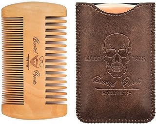 Wooden Beard Comb with Case for Men Beard, Fine & Coarse Teeth, Men's Wood Pocket Comb for Beards & Mustaches & Hair,Brown Skull Design