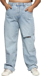 Happening Plus Size Women Pure Denim -Baggy/Loose Fit Jeans with Folded Bottom- HIGH Rise -Non Stretch - Rugged- Faded Ice... Price In India