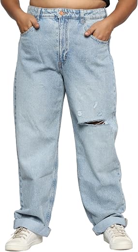 Happening Plus Size Women Pure Denim -Baggy/Loose Fit Jeans with Folded Bottom- HIGH Rise -Non Stretch - Rugged- Faded Ice...