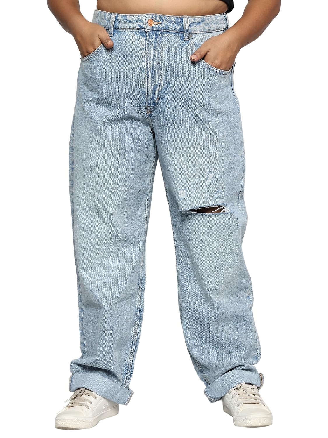 Happening Plus Size Women Pure Denim -Baggy/Loose Fit Jeans with Folded Bottom- HIGH Rise -Non Stretch - Rugged- Faded Ice... - Review, Price and Buying Guide