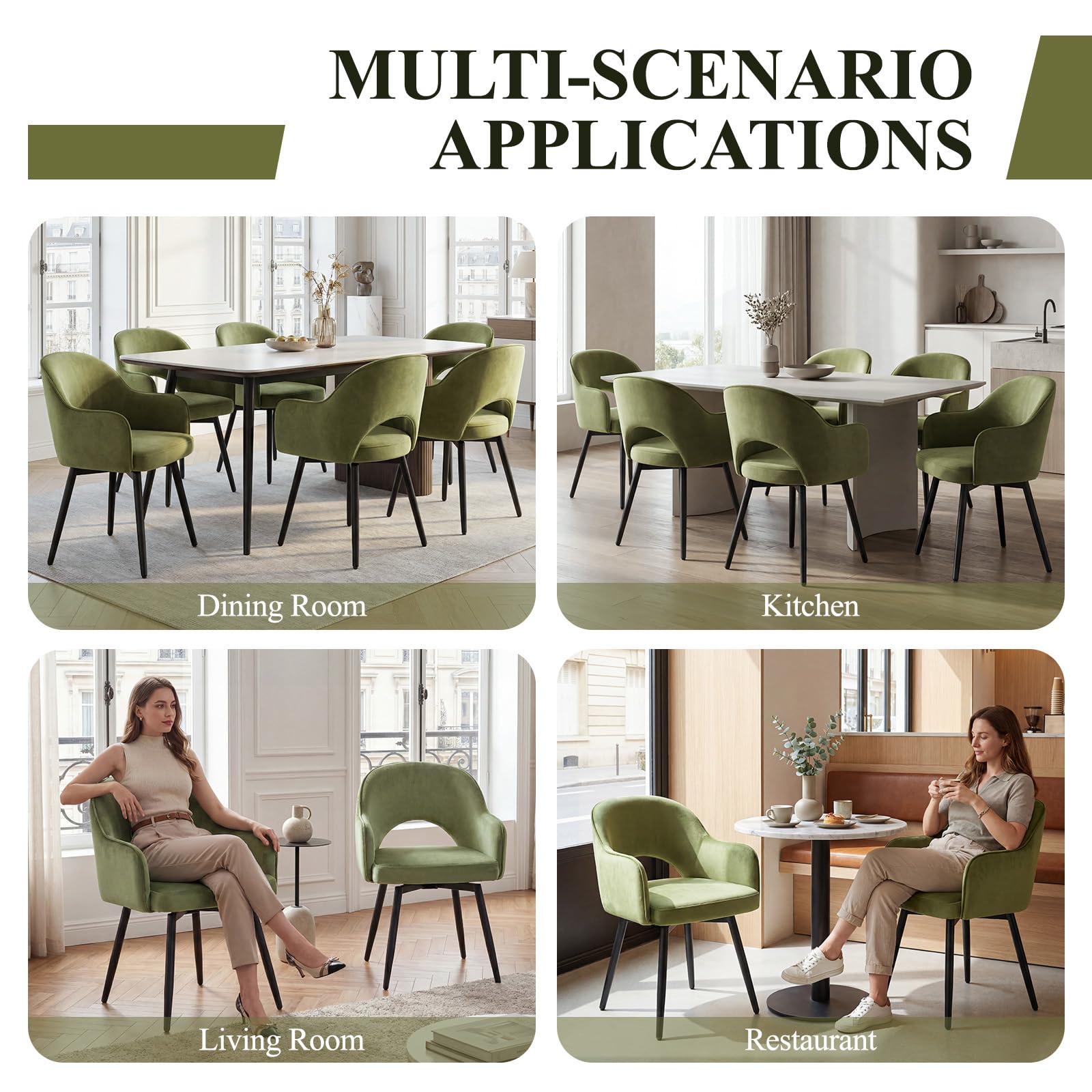 chairus Juego de 4 Sillas de Comedor Terciopelo Sillas de Cocina Giratoria con Patas Negras, Sillas de Hogar Modernas con Respaldo Hueco para Restaurante/Cafetería, Verde