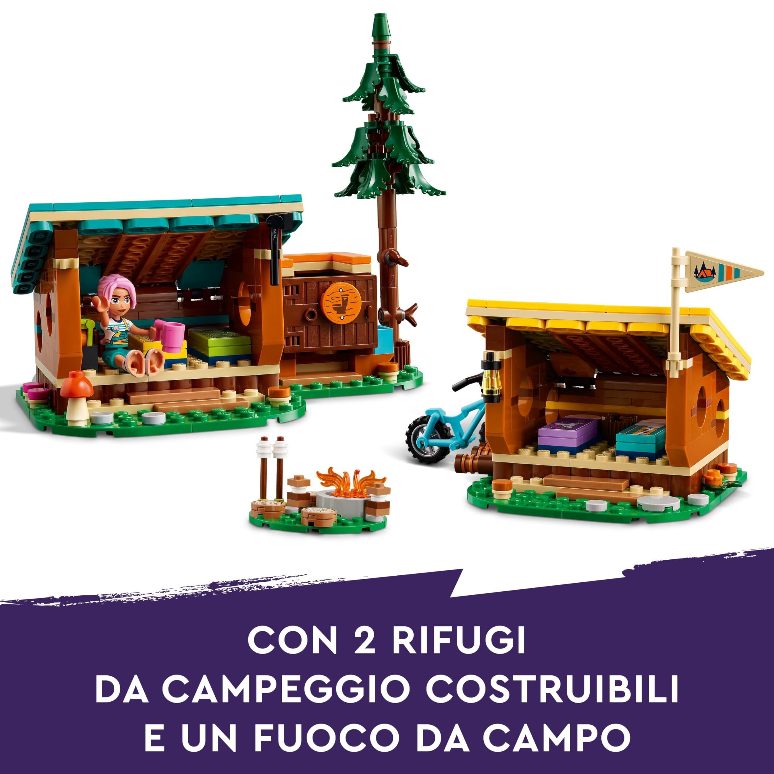 LEGO Friends Cabine Relax al Campo Avventure, Giochi Educativi per Bambine e Bambini da 7 Anni, Campeggio Giocattolo da Costruire con 3 Personaggi, 2 Mountain Bike e una Volpe, Idee Regalo 42624