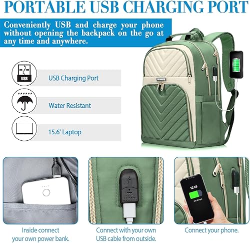 Miniatura 10 de Mochila de viaje para laptop para mujer, mochila acolchada de trabajo de 15.6 pulgadas con puerto de carga USB, mochila escolar para adolescentes,