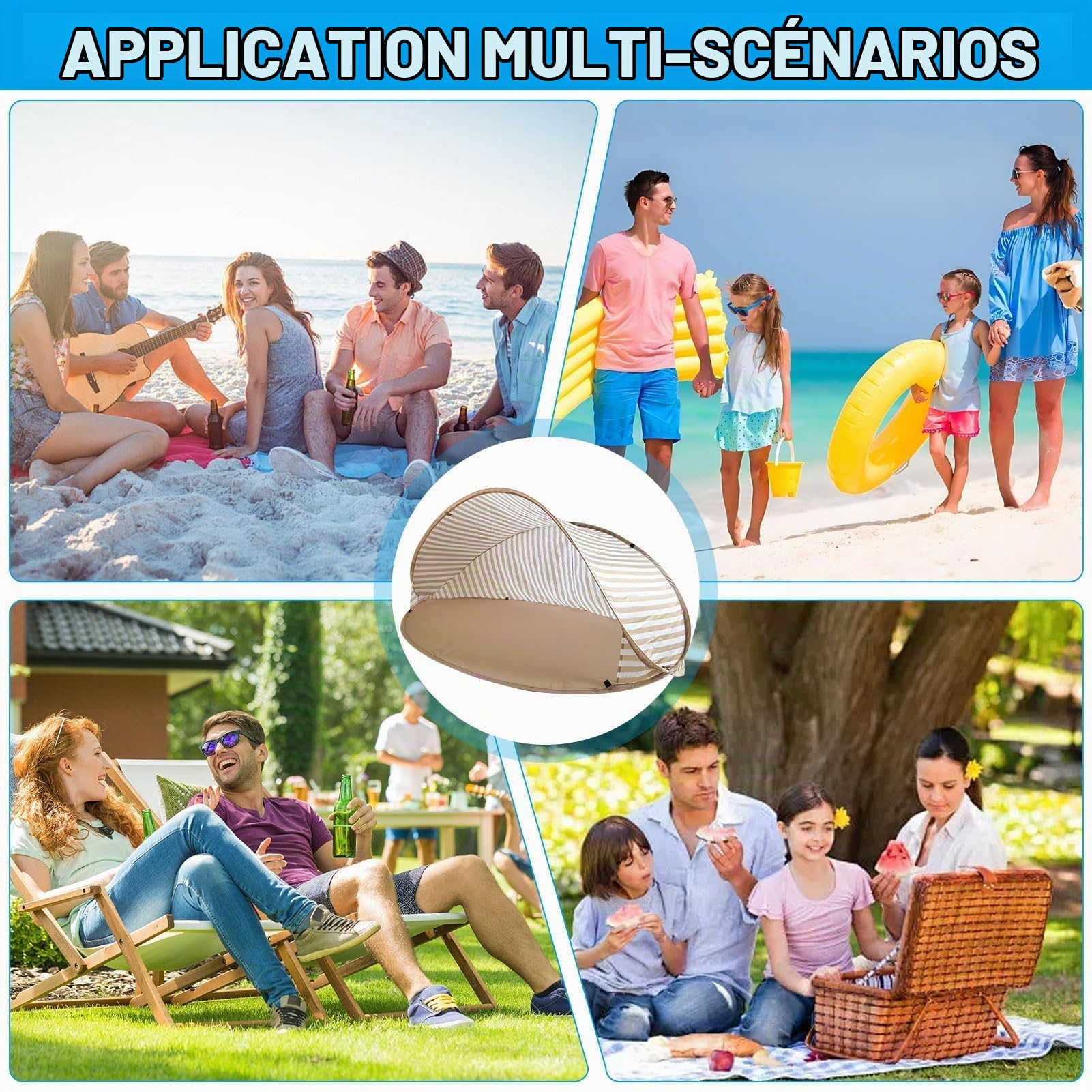 Tente de Plage Pop-Up Anti-UV UPF 50+, Parasol Pliant 180x125cm, Protection Solaire Imperméable pour Famille avec Sac de Rangement