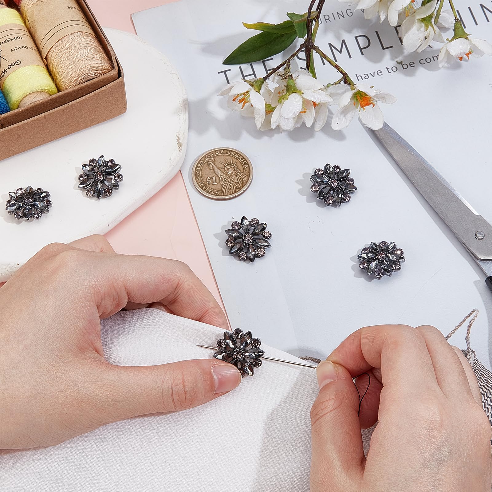 letsinstyle 6 peças de botões de strass floral preto de 20 mm