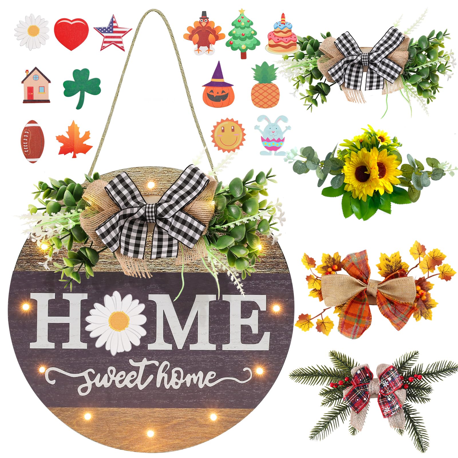 Interchangeable Seasonal Welcome Sign Front Door Decoration with 4 Seasonal Wreaths and LED Light, Rustic Round Wood Wreaths Wall Hanging Outdoor, Farmhouse Front Door Decoration Home Décor