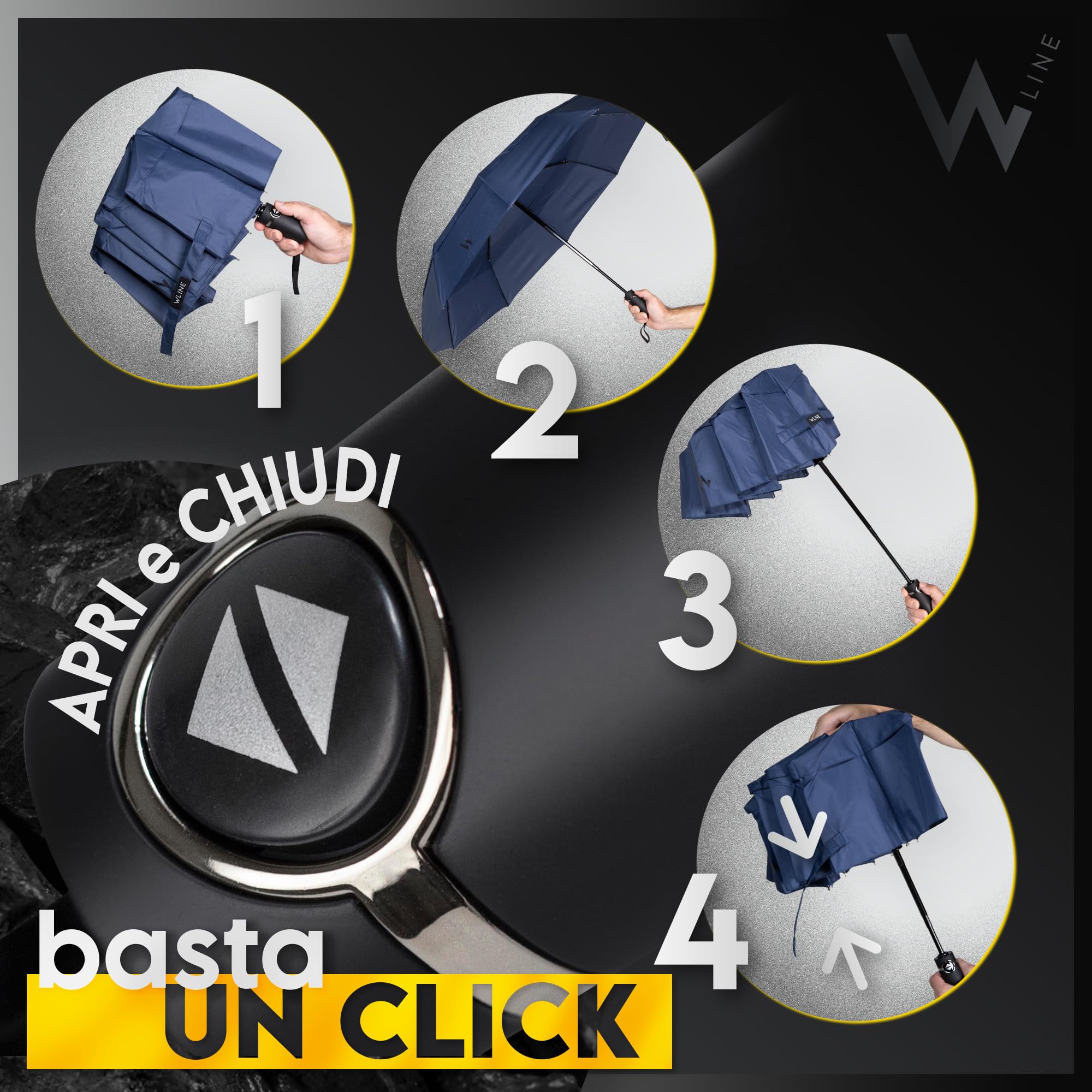 WLine Wind Ombrello Pieghevole Antivento da Pioggia con Apertura e Chiusura Automatica, Stoffa Teflon, Struttura Ultraresistente, Diametro 104cm (Blu senza Custodia)