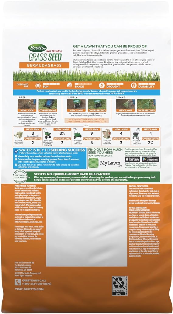 Scotts Turf Builder Grass Seed Bermudagrass, 4 lbs. | Lawn Seed with Grass Fertilizer and Soil Improver, Drought-Tolerant, Covers up to 4,000 sq. ft.