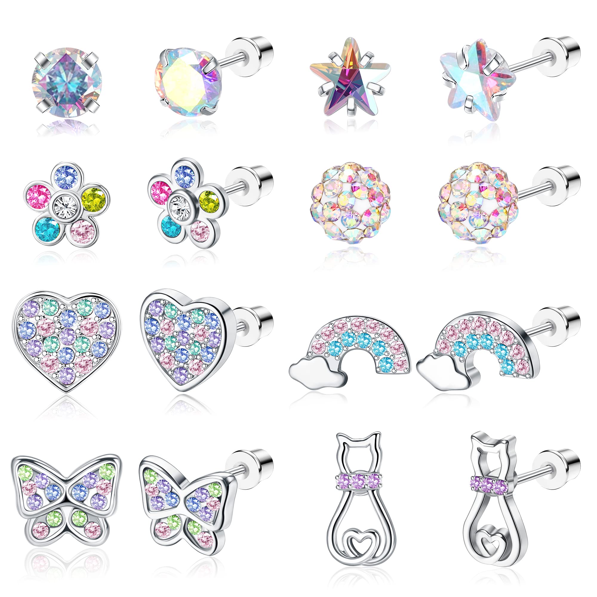 8-10 Pairs Hypoallergenic Screwback Earrings Studs for Women Teens 316L Stainless Steel CZ Heart Screw Back Earring Studs Flower Multicolored Butterfly Stud Earrings Set