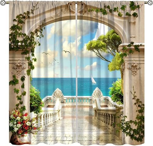 Miniatura 1 de Cortinas de ventana de playa tropical de verano, cielo azul, mar, arco clásico, floral, vides, terraza, gaviotas, dormitorio, estudio, habitación de