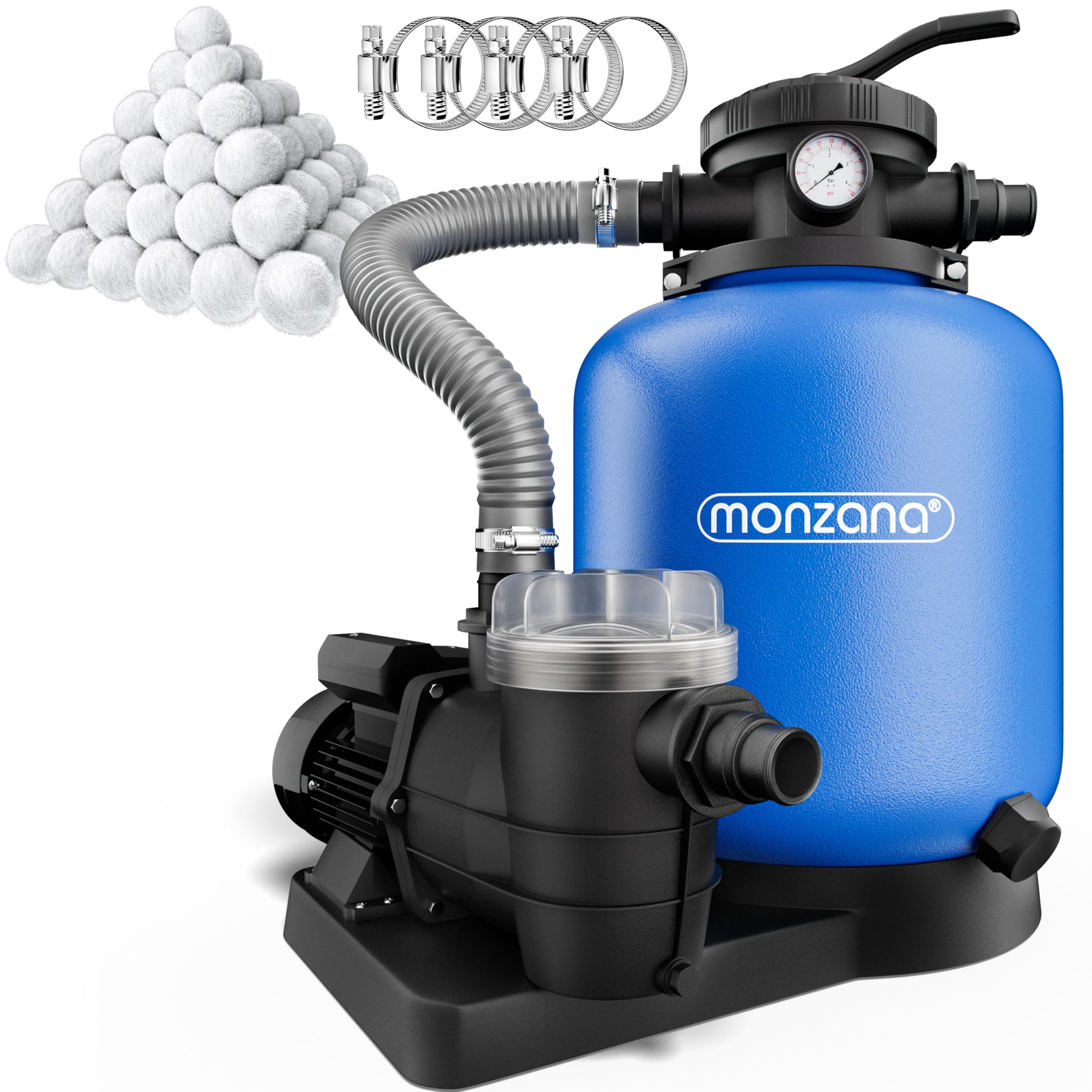 Monzana® Depuradora Piscina 13.200L/h Filtro de Arena hasta 58.000L Incl. Bolas Filtrantes Válvula 7 Funciones Filtrado 600W Adaptador Ø32-38mm Bomba Indicador de Presión