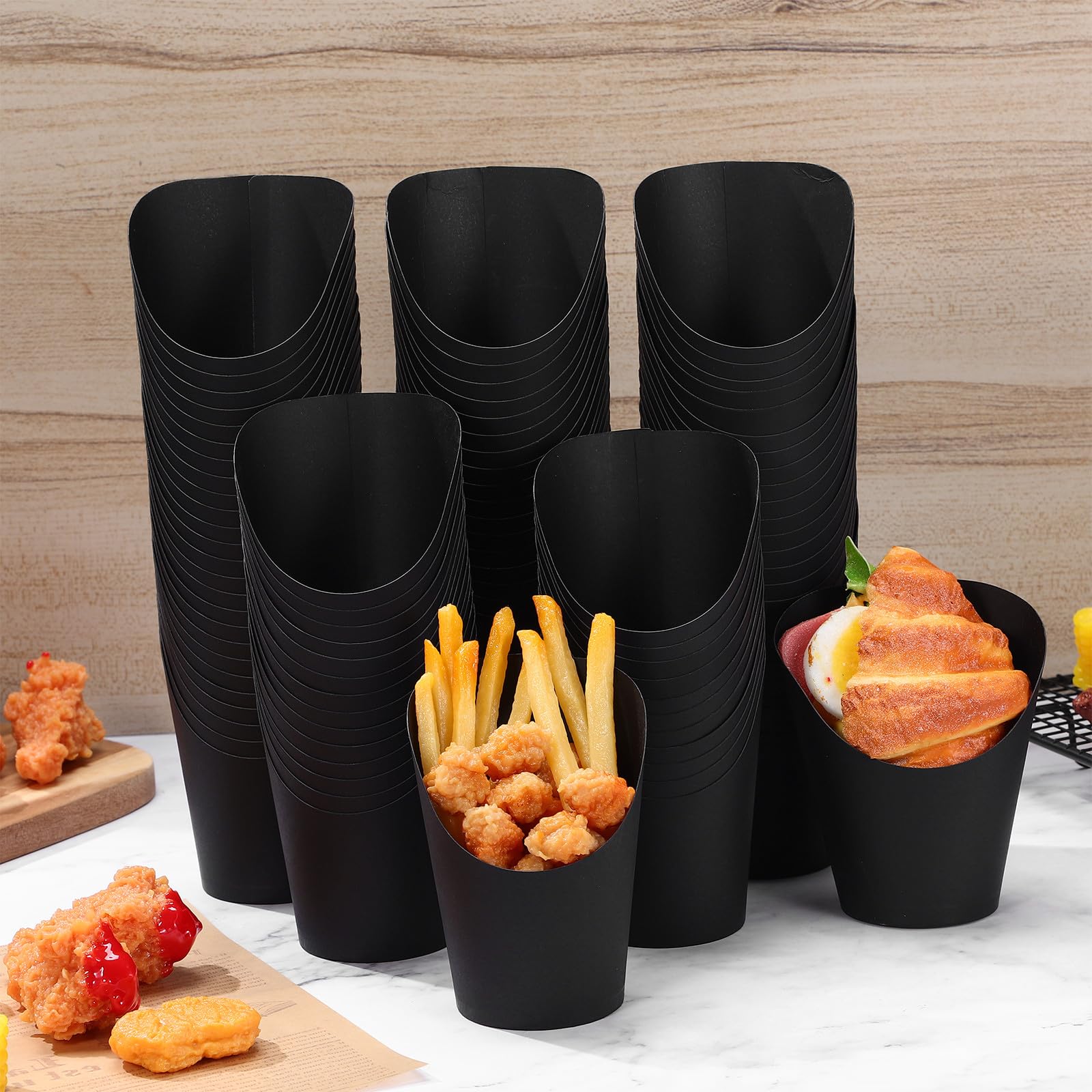 NUOBESTY 100 Pcs Tasses en Papier Noires 14oz à Ouverture Inclinée pour Frites et Snacks, Usage Facile et Pratique, pour Restaurants et Événements