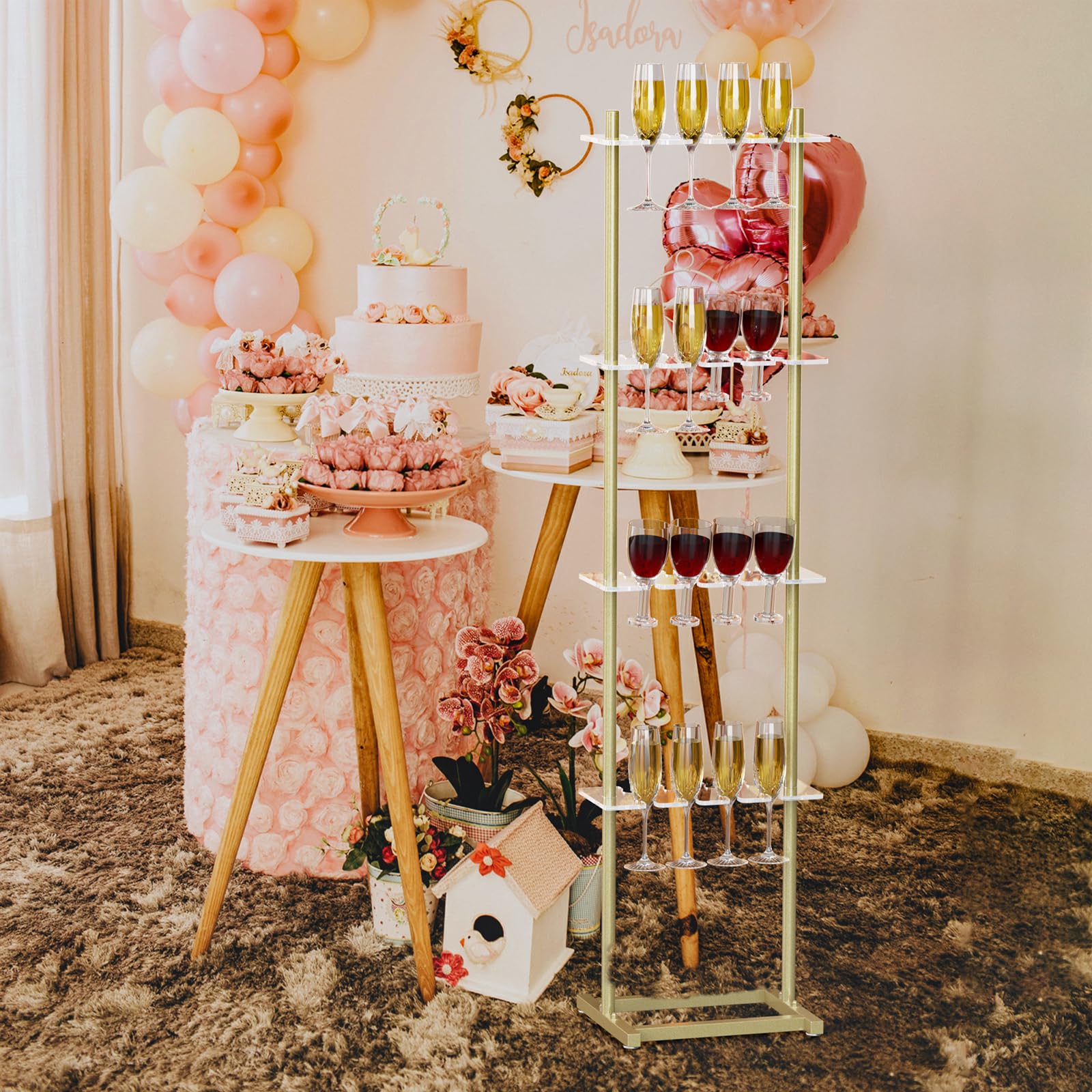 ikare Soporte de pared de champán para fiesta, soporte de pared de acrílico transparente de 4 niveles, 32 copas de vino para copas de champán en bodas, fiestas de despedida de soltera y eventos,