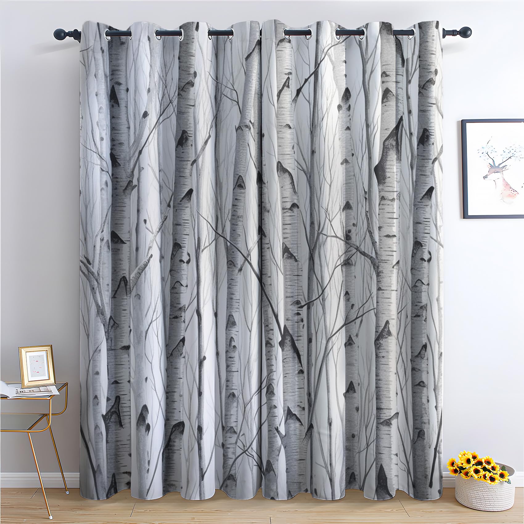 Thyunq Black/Light Birch Tree Curtains For Bedroom Living Room, Out Curtains 108 Drop - Thermal Insulated Eyelet Drapes, Patterned Window Treatments, 90X108 Inch (W X L), 2 Panels