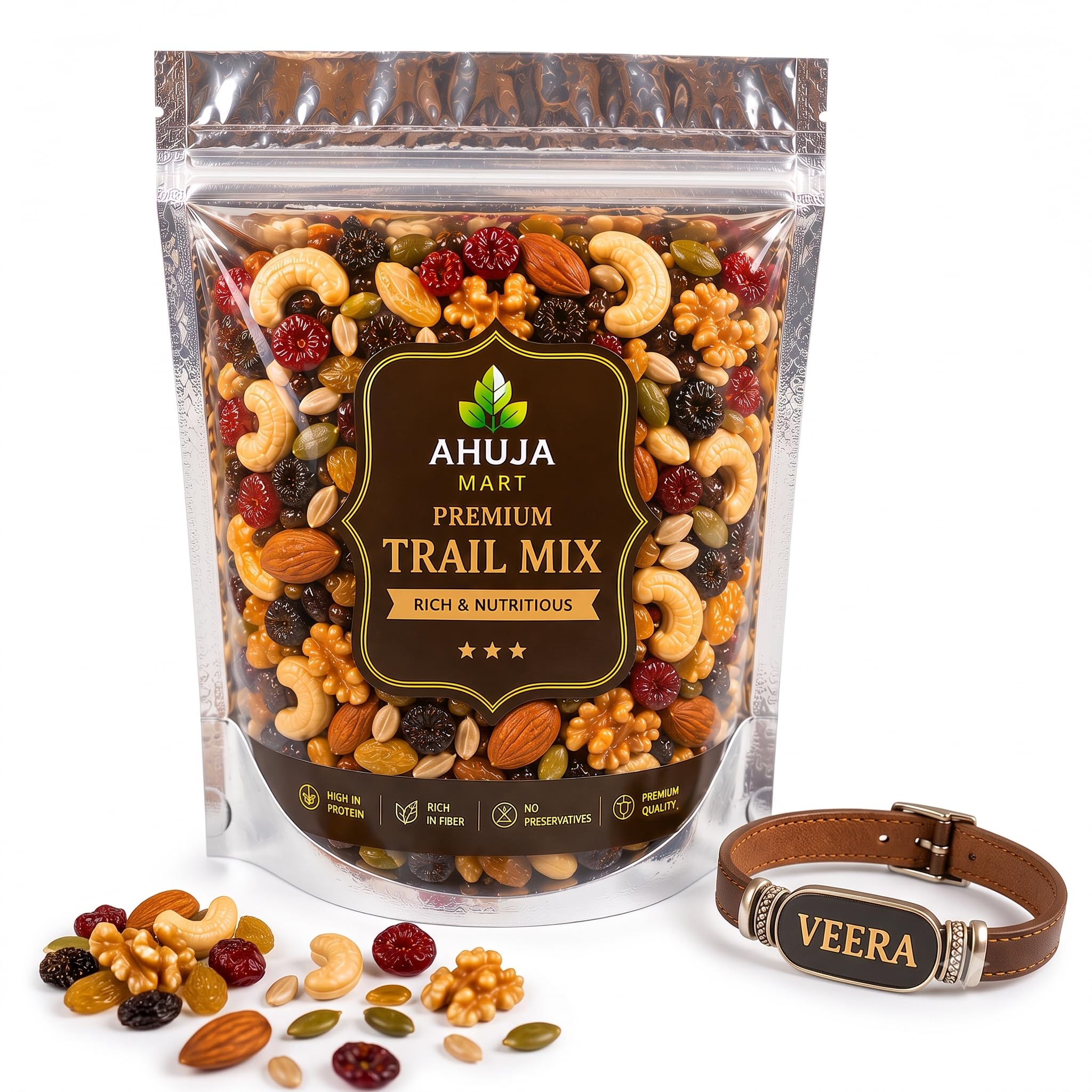 Ahuja Mart Premium Trail Mix 250g with Veera Rakhi | Raksha Bandhan Gift for Brother | Mixed Dry Fruits, Nuts, Seeds & Berries | High Protein & Fiber Healthy Snack | Rakhi Gift Hamper for Bhai-image-16