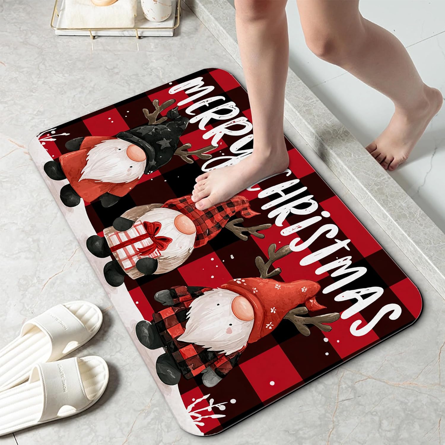 Christmas Gnomes Bathroom Mat, Non-Slip Rubber Backing Thin Low-Profile Bath Rug, Easy-Clean Bathroom Floor Mat for Shower, Bathtub, Kitchen, or Entryway