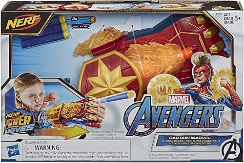 Miniatura 2 de NERF Power Moves Marvel Avengers Captain Marvel Photon Blast Guantelete de lanzamiento de dardos juguete para niños, juguetes para niños a partir de