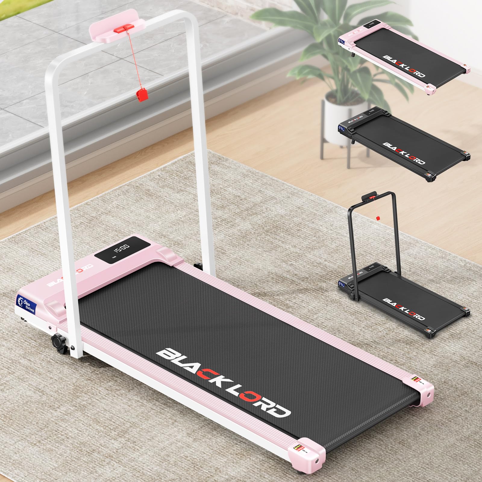 BLACK LORD Walking Pad Treadmill Under Desk 2-Level Incline 2.4HP, 380mm Belt Running Machine for Home Gym, Portable Under Desk Treadmill Trainer with Remote Control, AW5 Series & AW5-H Series - AW5H - Pink w/ handle