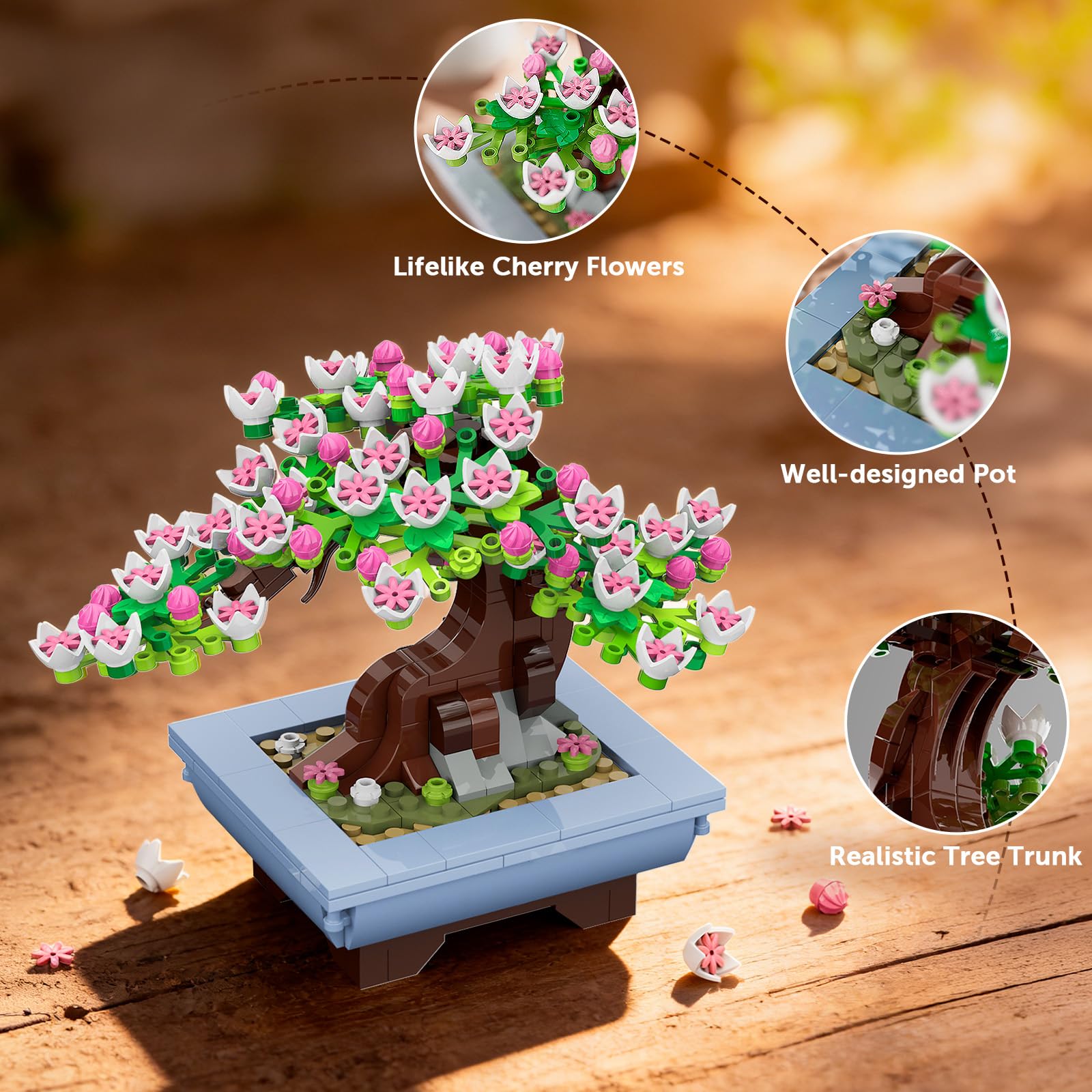 HOGOKIDS Botanicals Blumen Bonsai Baum - 4in1 Kunstpflanzen Set für Erwachsene - Kirschblüten Botanik Kollektion Flowers Home und Zimmer Deko Set - DIY Kunstblumen Geschenkidee für Frauen und Männer - 5