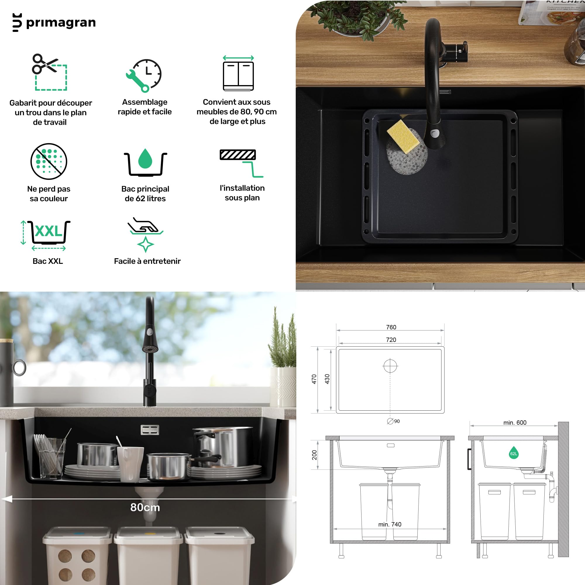 PRIMAGRAN Evier sous Plan Beige - London, 76x47cm | Evier en Granit 1 Bac + Robinet 32x20cm + Kit d'accessoires, Évier au Meuble 80cm (S493)