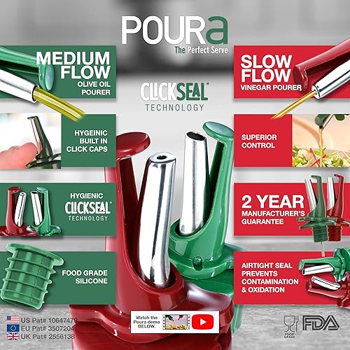 Miniatura 2 de Poura Boquillas dispensadoras de aceite y vinagre  Los vertedores herméticos de botellas ClickSeal mantienen el aceite fresco con tapas integradas.