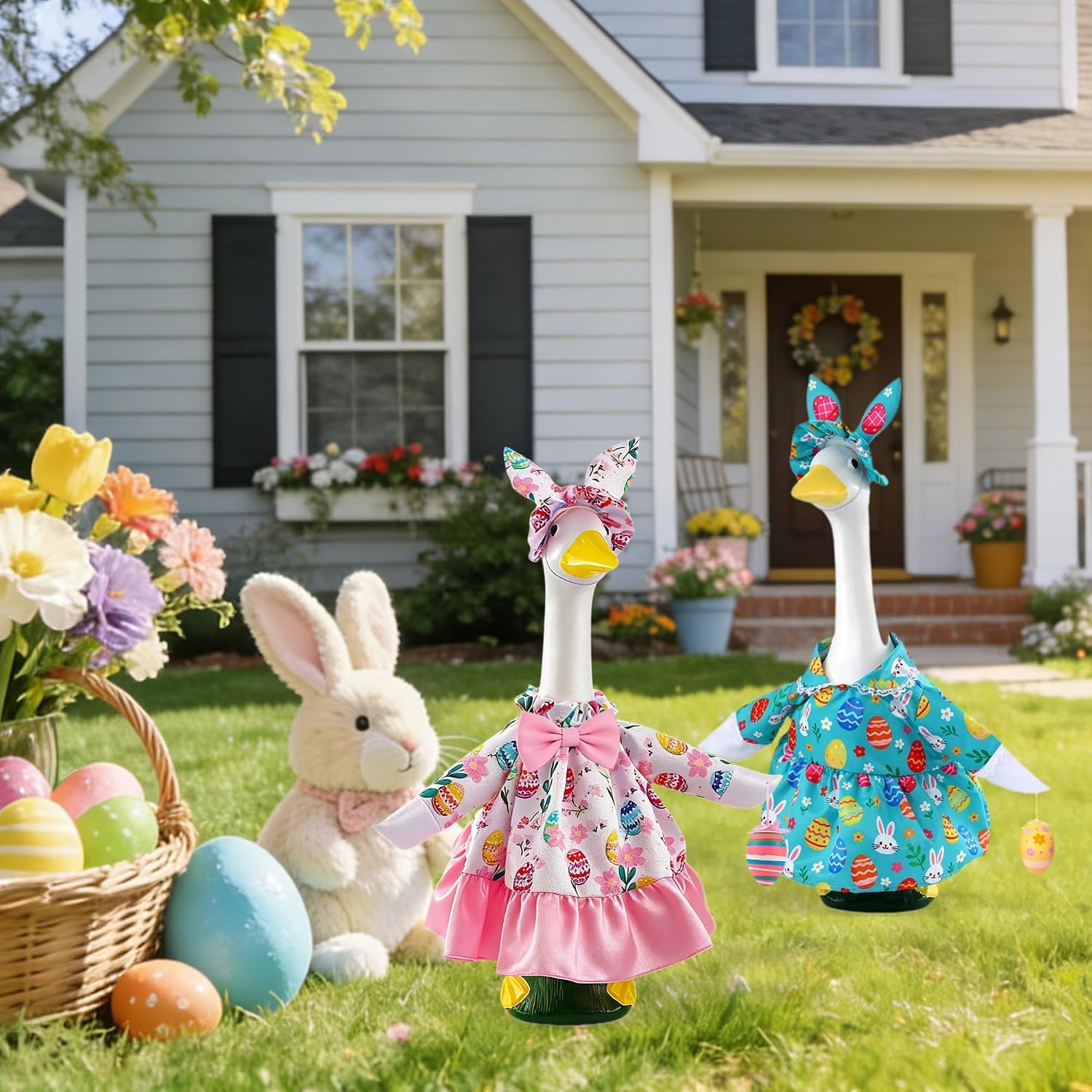 Easter Outfit for Porch Goose, Bunny Ear Hat with Easter Egg, Blue Dress Fit 17-23 Inch Goose Decoration, Holiday Costume for Front Porch Lawn Garden