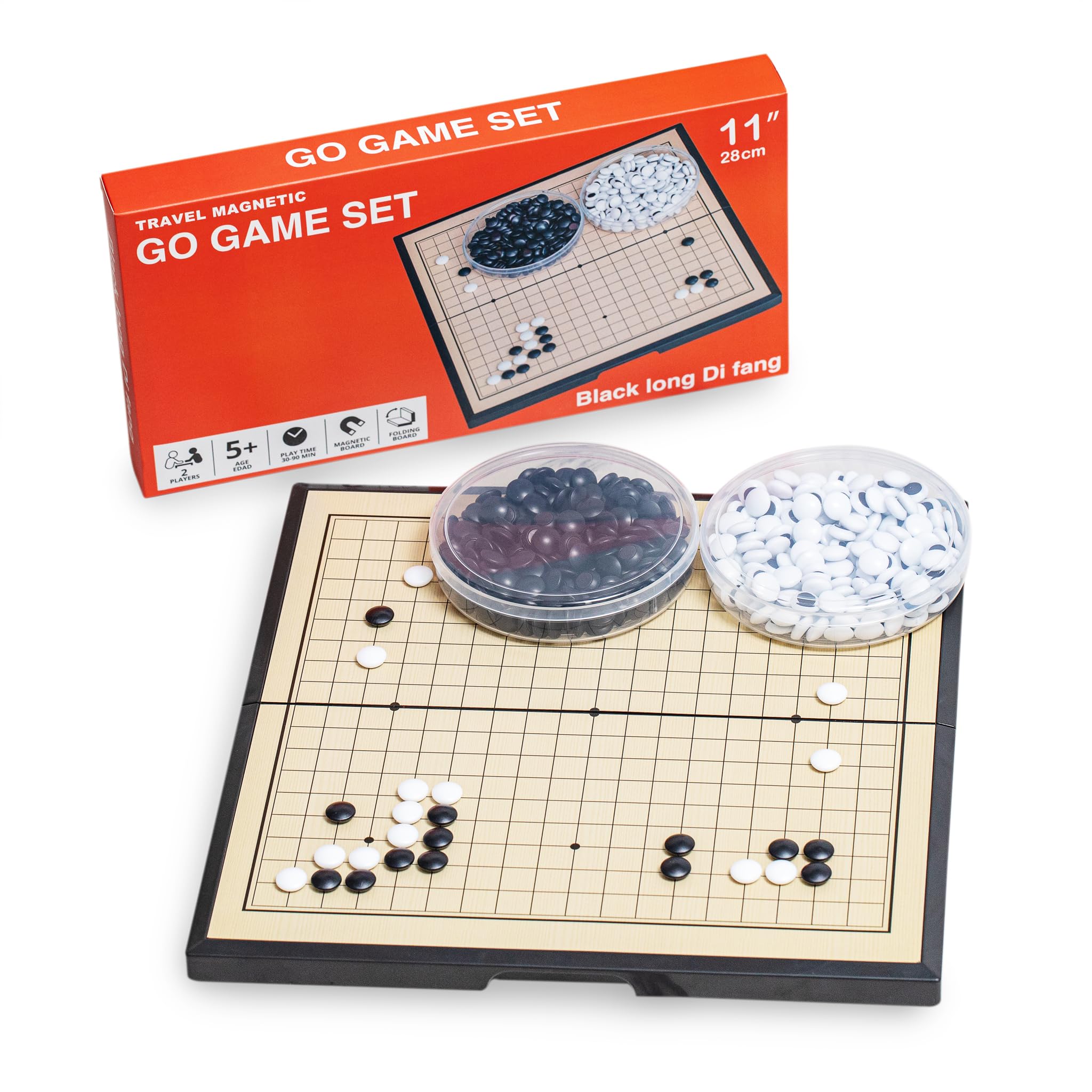 Black long Di fang Go Brettspiel, 27,9 cm (11 Zoll), faltbar, tragbar und für Reisen, (19 x 19 cm), strategisches magnetisches Brettspiel (Weiqi)