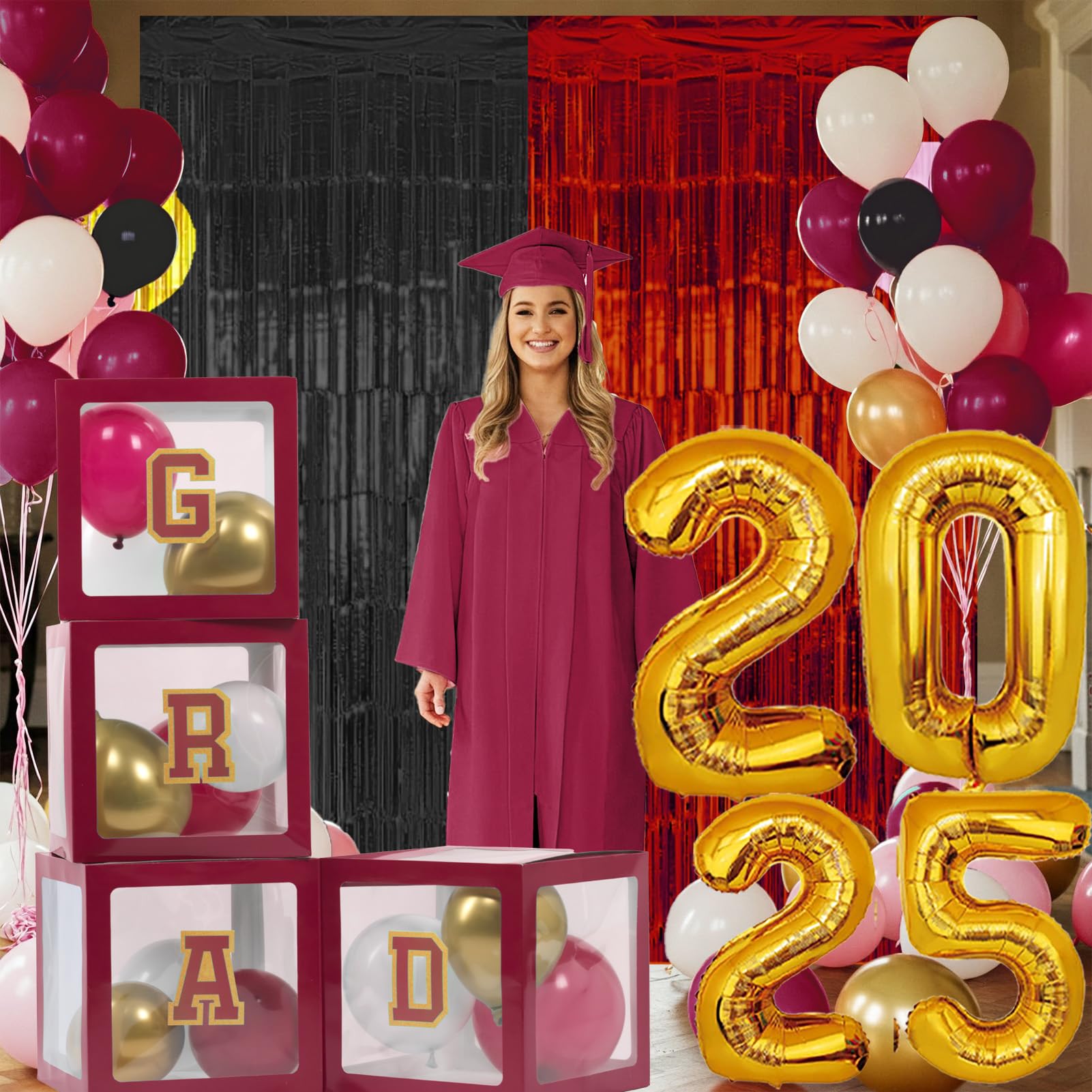 Graduation Decorations Class of 2025 - Maroon and Gold Graduation Decorations Set of 4 GRAD Balloon Boxes with Fringe Curtains So Proud of You Congrats Grad Party for Any Grades