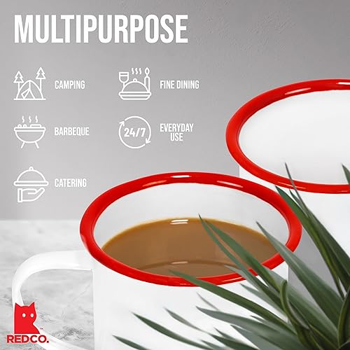 Miniatura 5 de Red Co. Juego de 6 tazas redondas de café y té de metal esmaltado de 12 onzas con asa, borde blanco y rojo sólido