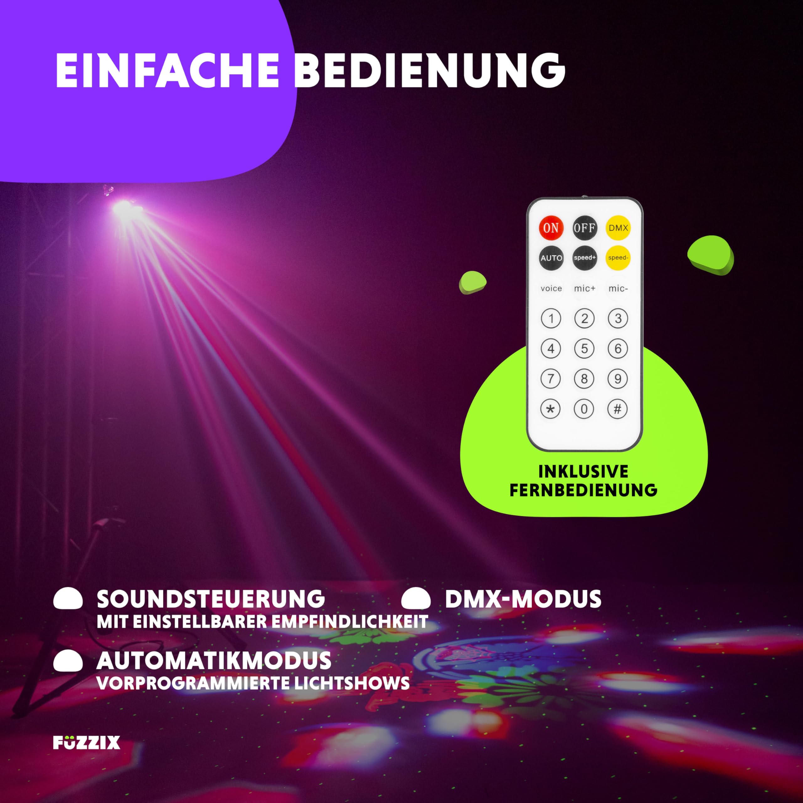 Fuzzix Stellar2 LED Discolicht Partylicht | 5-in-1 Lichtorgel Musikgesteuert LED mit RGBW Gobos, Bee-Eye Effekt & Doppel-Stroboskop | Disco Licht mit DMX Steuerung, Fernbedienung & Montagebügel