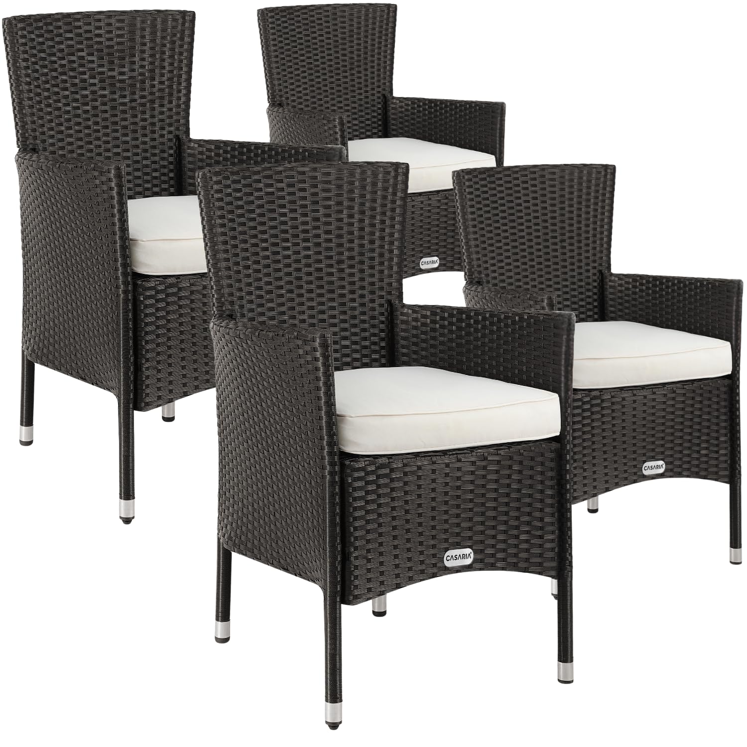 CASARIA® Set of 4 Polyrattan Garden Chairs | Stackable | Weatherproof | High Back Armchairs with 7cm Padded Seat Cushions | 160kg Load Capacity | Outdoor Garden Patio Balcony Furniture | Brown