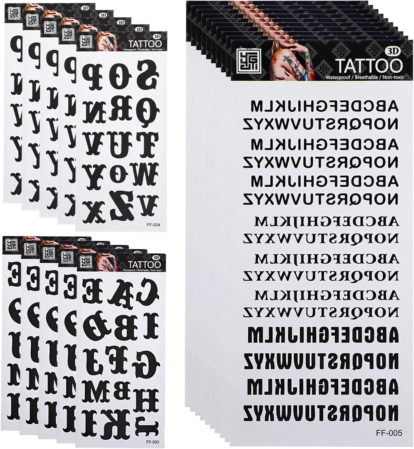 Realistic Temporary Tattoos, 20 Sheets Letters Temporary Tattoos- 4 Assorted Alphabet, Waterproof Fake Tattoos Stickers, Semi Permanent Tattoo for Adult Kids