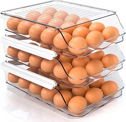 Utopia Kitchen Contenedor de huevos rodantes para refrigerador con tapa, paquete de 3 soportes apilables de plástico para huevos para refrigerador,