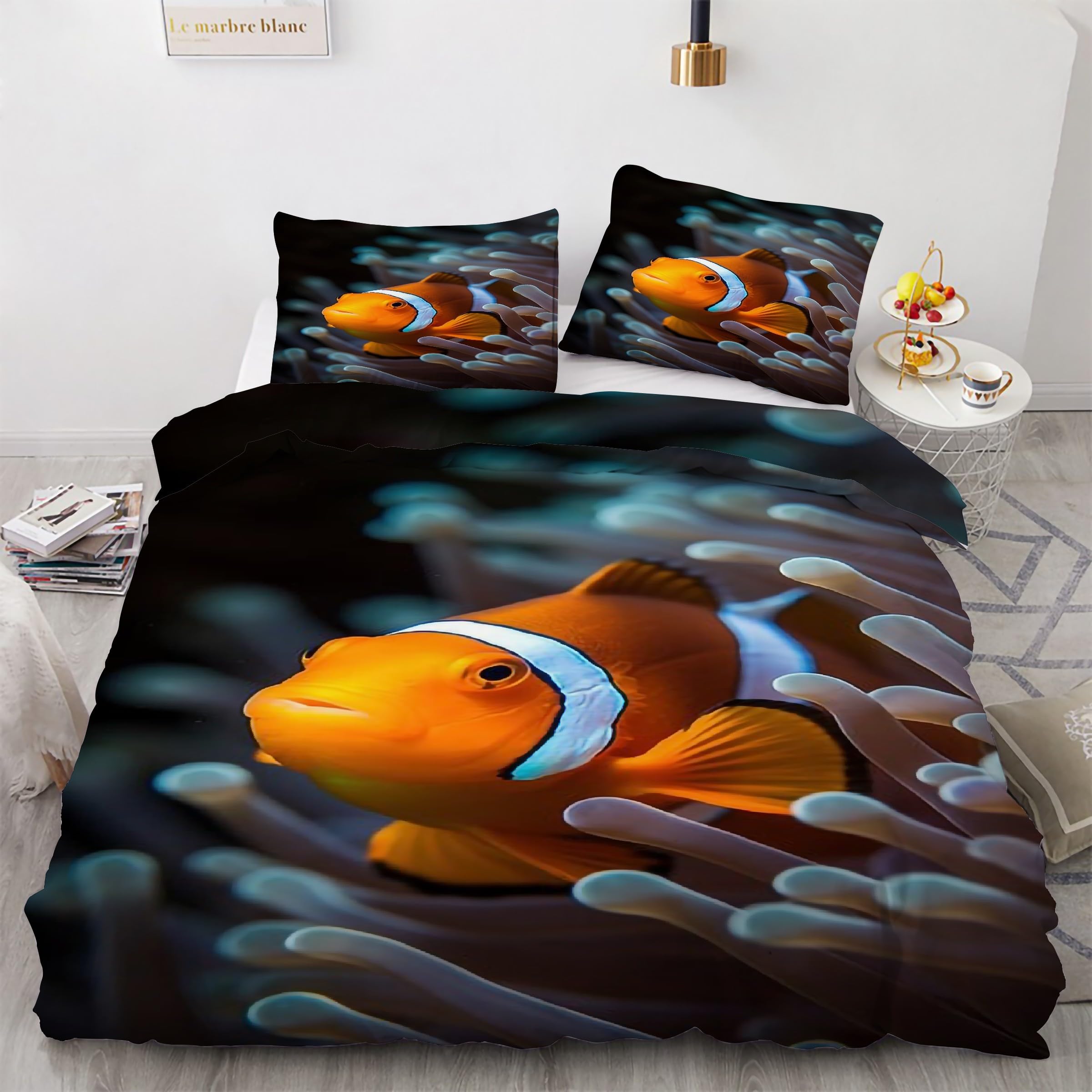 Housse de Couette 160x200 Corail Motif Poisson | Literie Microfibre
