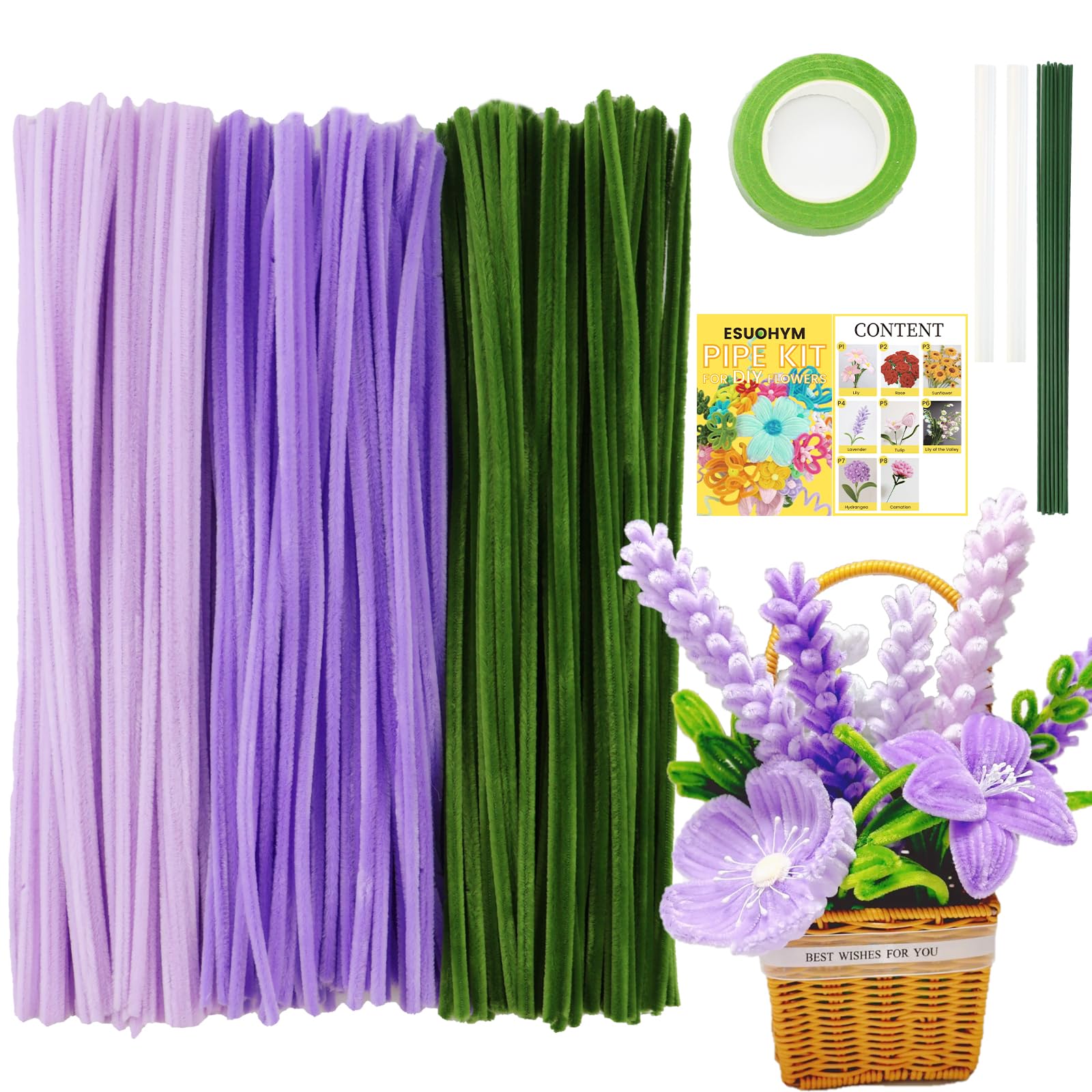 ESUOHYM Pipe Cleaners Craft Flower Kit Bulk Thick Chenille Stems Fluffy Fuzzy Sticks Pack Pipe Craft Kits with Instructions, Floral Stem, Floral Tape, Hot Glue Sticks Arts and Craft Supplies Lavender