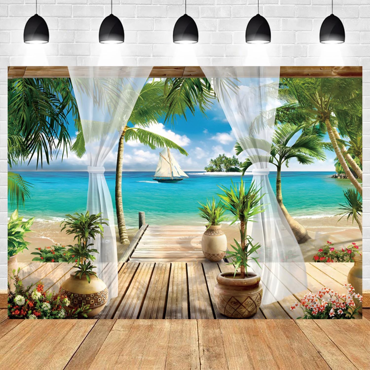 3 x 2,4 m mare tropicale sfondo paradiso spiaggia villa terrazza vista fotografia sfondo palme blu oceano isola barca a vela banner decorazioni estate festa a tema ritratto foto stand puntello