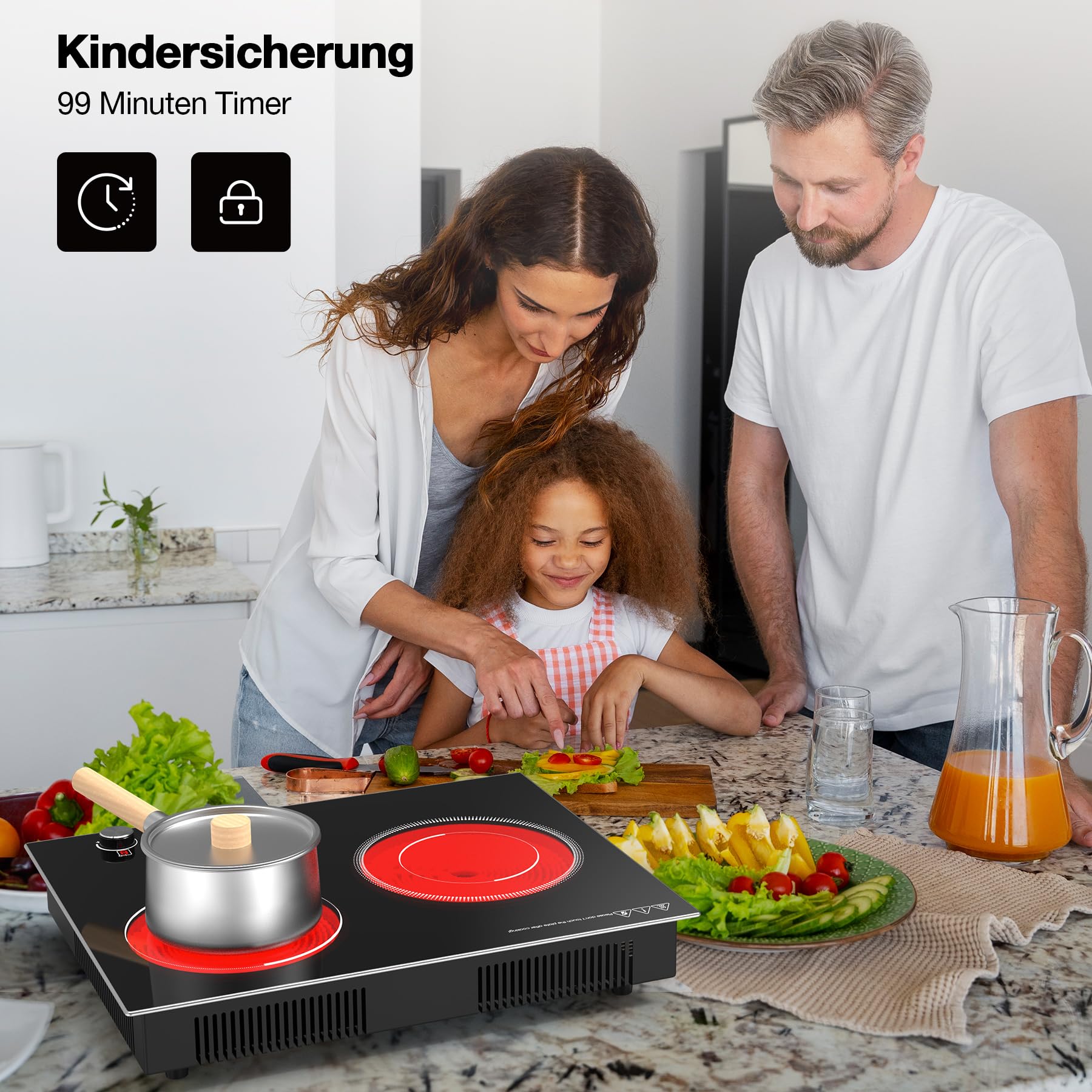VBGK Cerankochfeld 2 Platten 3000 W Einbau Kochfeld mit 9 Heizstufen Timer Kindersicherung LED-Touch-Steuerung