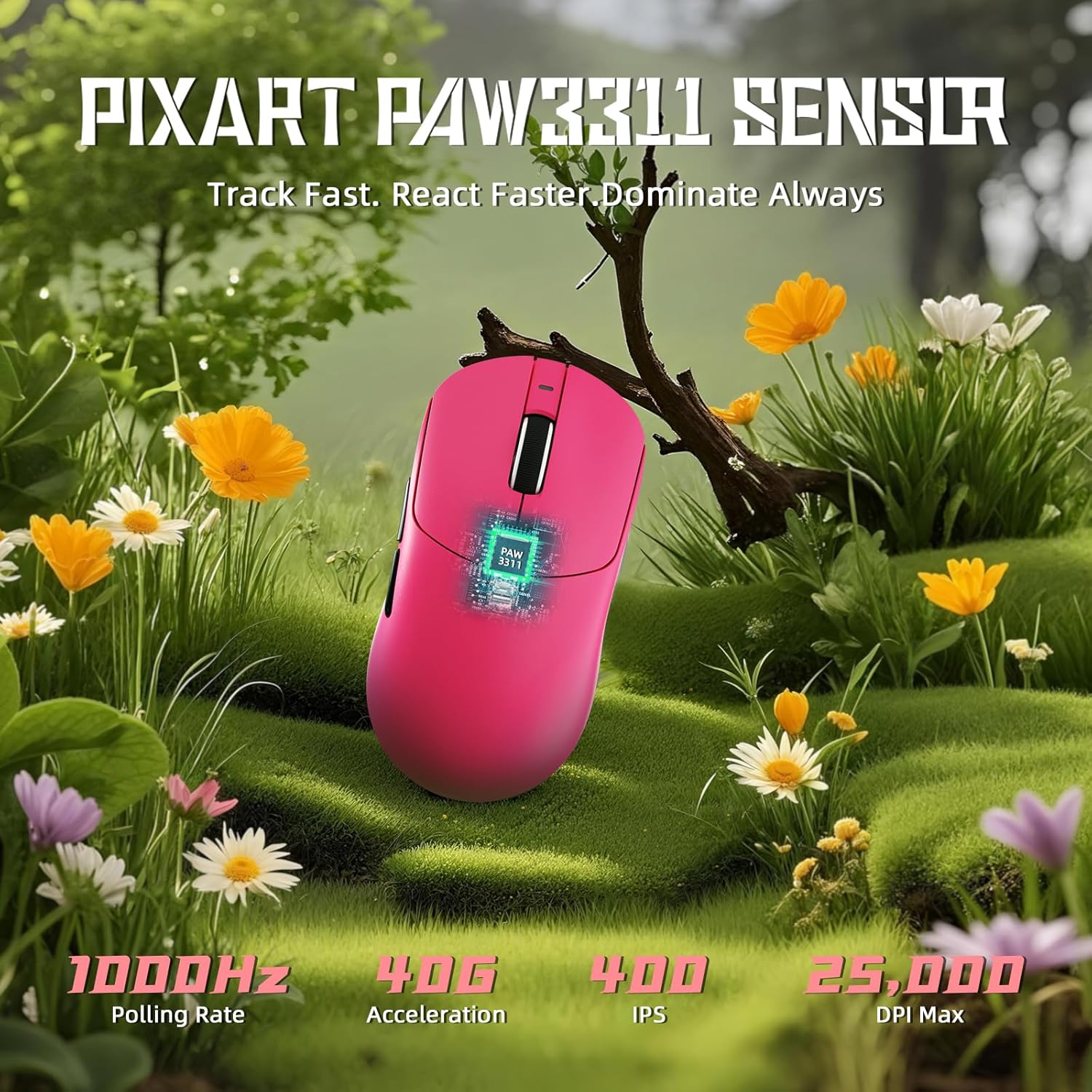 ATTACK SHARK X8 SE mouse highlighting the PixArt PAW3311 sensor and its capabilities including 1000Hz Polling Rate, 40G Acceleration, 400 IPS, and 25,000 DPI