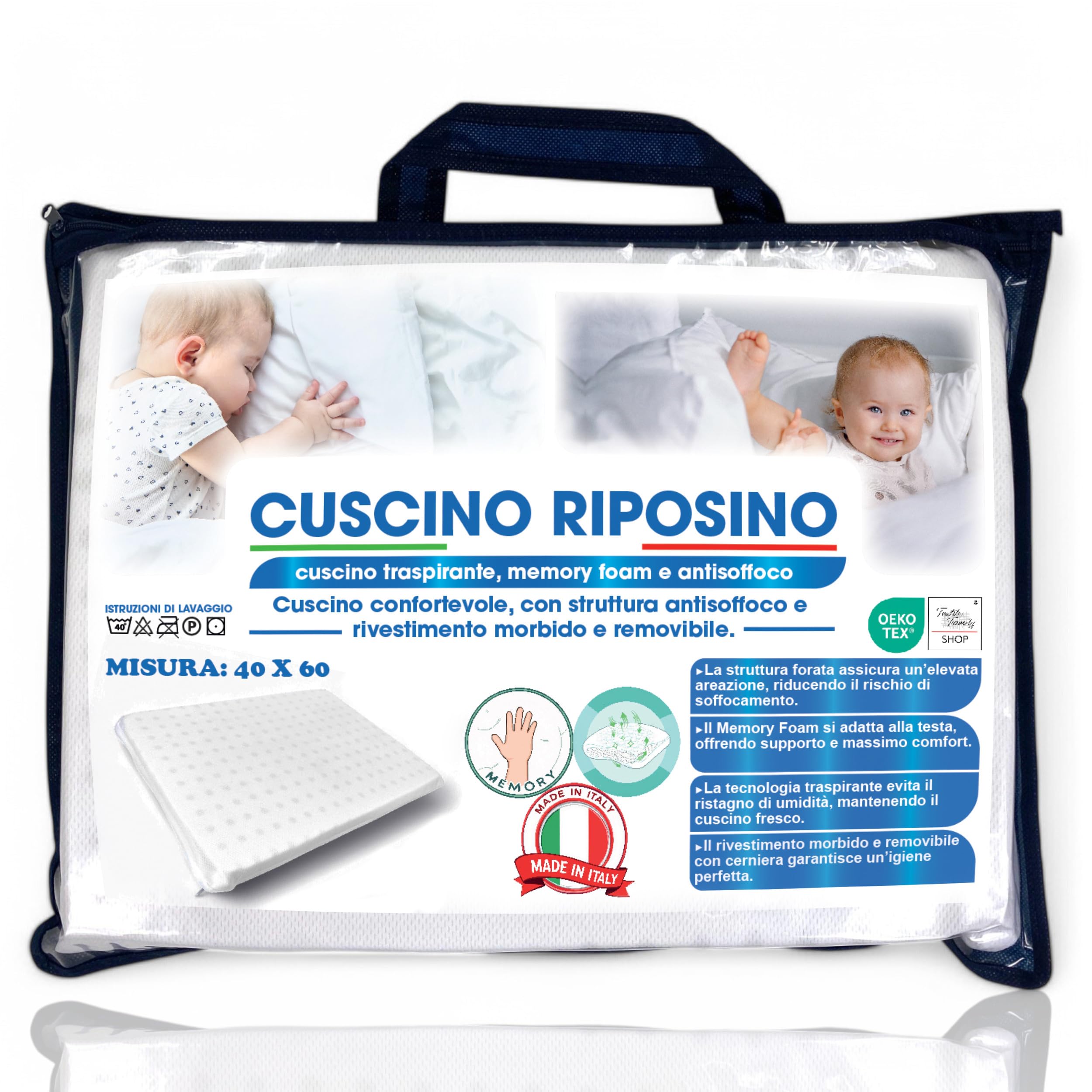 Tex family Coussin à mémoire de forme pour enfants - Anti-étouffement, respirant, hypoallergénique, déhoussable - Oreiller ergonomique pour lit bébé et lit - Fabriqué en Italie - 40 x 60 cm