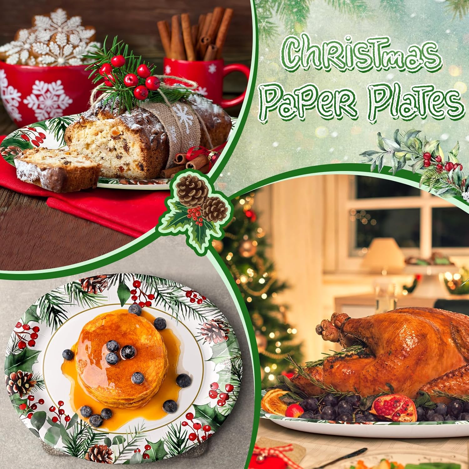 Homlouue 12"x10" Oval Christmas Paper Plates Heavy Duty 400GSM, 50PCS Christmas Plates Disposable, Holiday Disposable Plate, Large Holiday Paper Plate for Xmas Dinner Party Serve 50 Guests