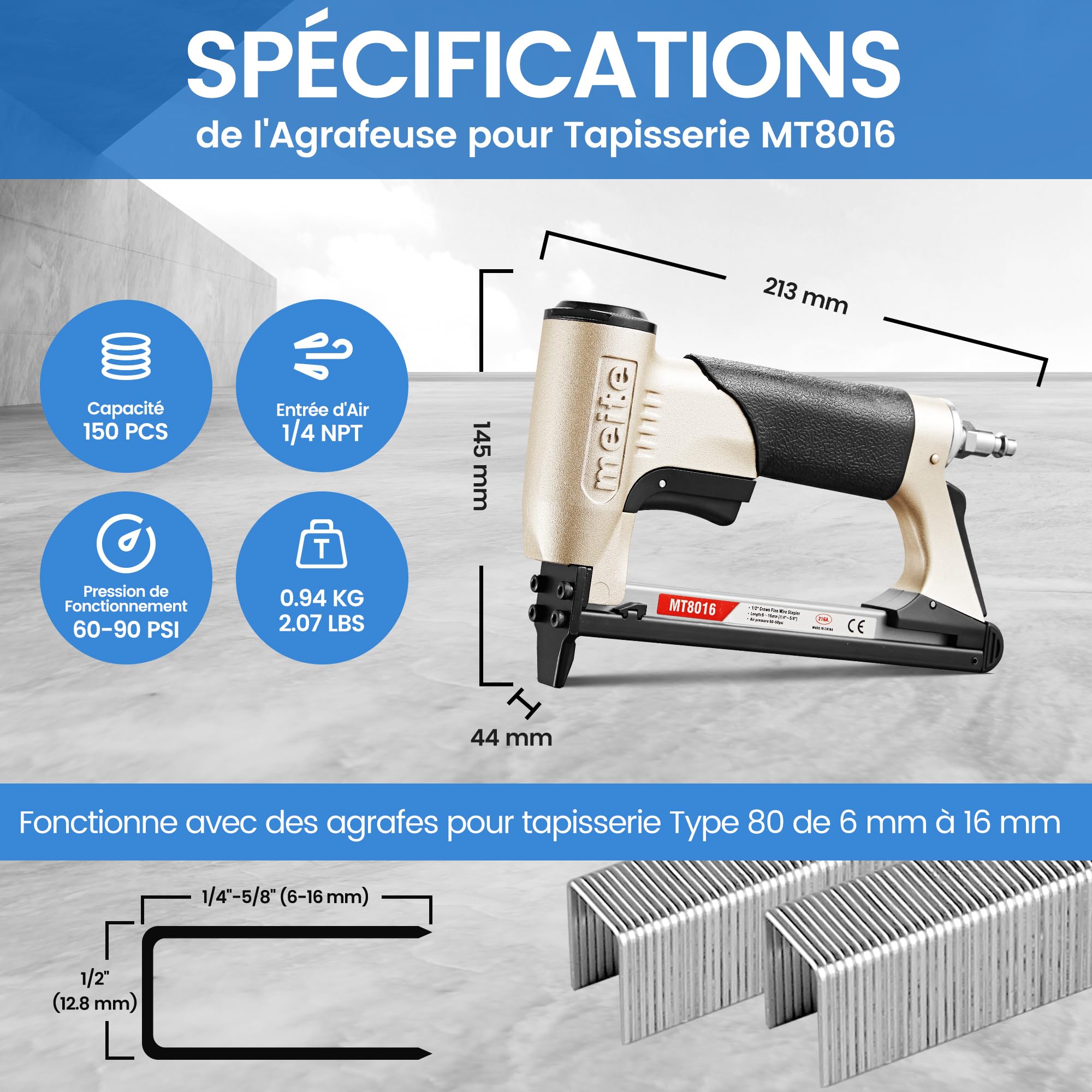 meite MT8016 Agrafeuse Tapissier Pneumatique, Utilise des Agrafes de Type 80, Agrafes 6 à 16 mm, Couronne 12,8 mm – Pression de Travail 4–6 bar – Agrafeuse Pneumatique Pour Meubles et Travail du Bois