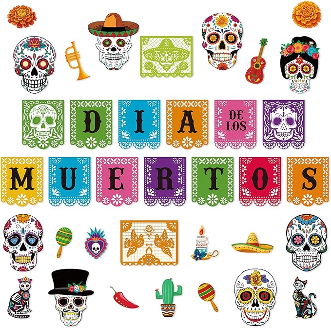 Day of The Dead Cutouts, Dia De Los Muertos Sugar Skull Decorations, Colorful Mexican Fiesta Party Supplies, Classroom Bulletin Board Wall Halloween Decor