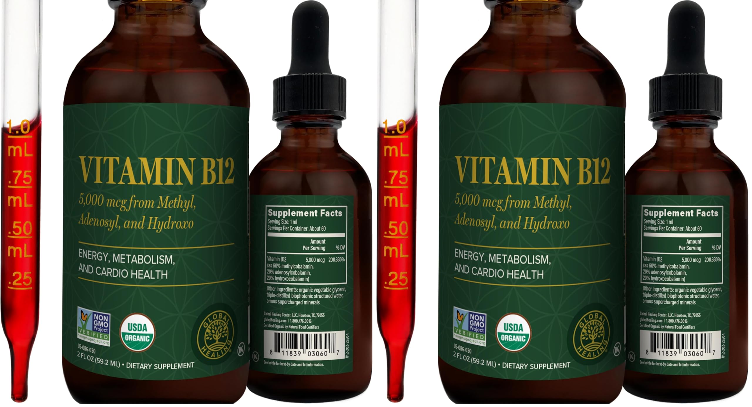 Global Healing - Organic Vitamin B12 5000 MCG Sublingual Liquid - Methylcobalamin, Hydroxo Blend & More - Methylated Drops for Adults - Vegan, Non-GMO, VIT B12, Vitamins Supplement (2 Oz) (Pack of 2) 2 Fl Oz (Pack of 2)