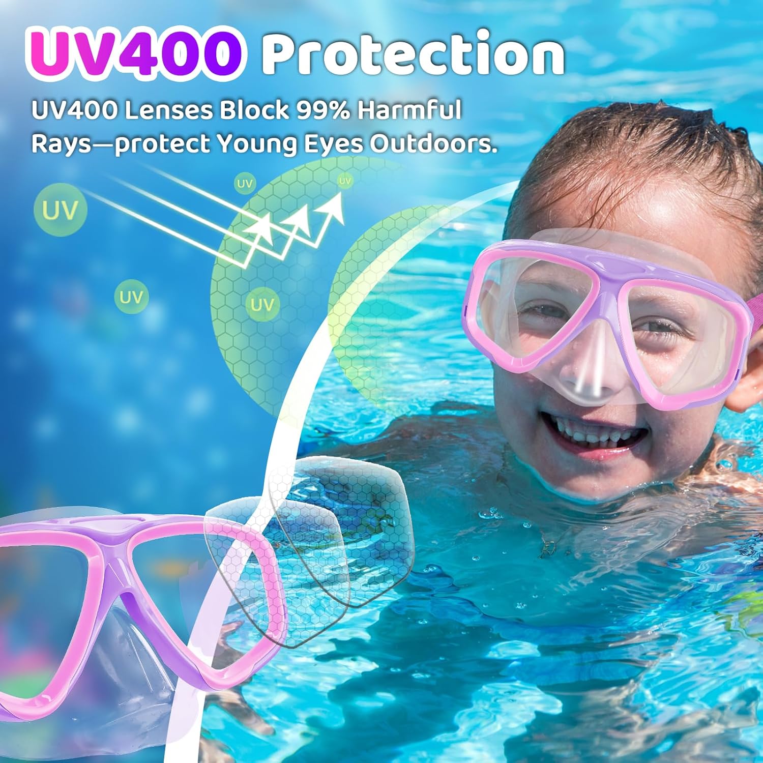 Vvinca Kids Swim Goggles with Nose Cover & Fabric Strap Anti-Fog Swimming Goggles for Boys Girls 3-14 Tangle-Free Design