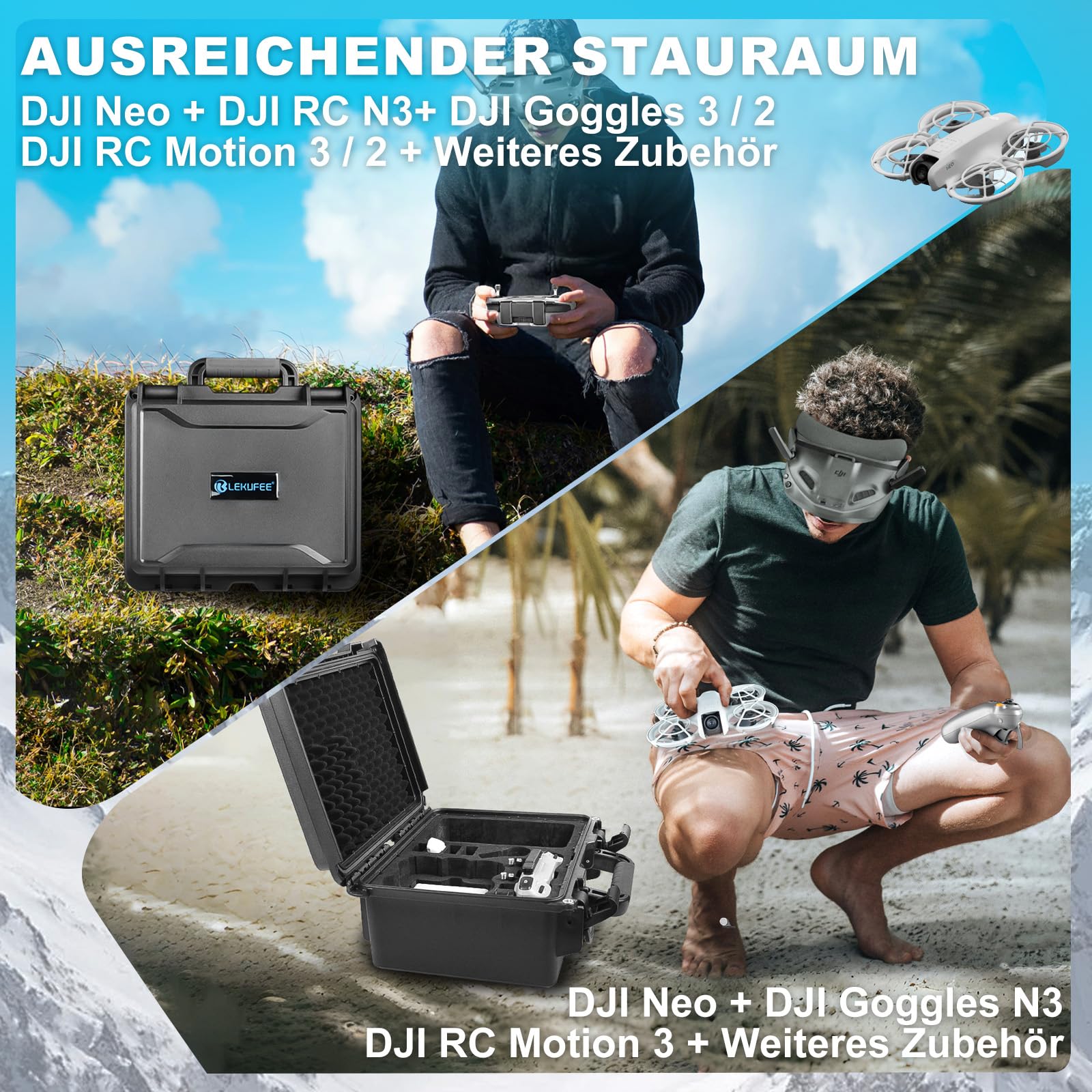 LEKUFEE wasserdichte Koffer für DJI Neo 1 Motion Fly More Combo,DJI Goggles N3/3/2/Goggles Integra,RC 2/N3/N2, RC Motion 3/2 und Zubehör (Nur Koffer)