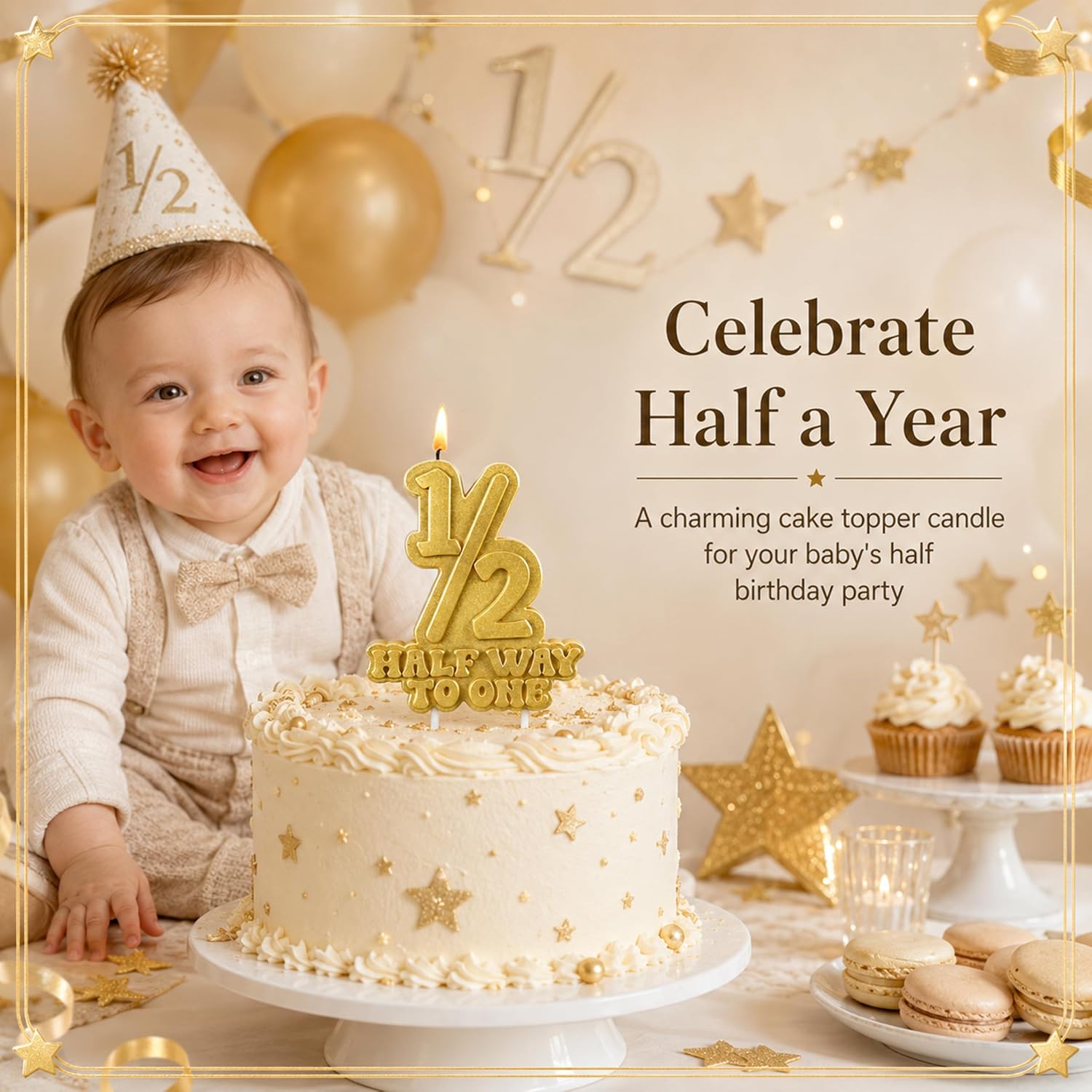 1/2 Gold Birthday Candles, 3.62×3.15" Half Way to One Birthday Cake Topper Candle for 6 Months Baby Birthday Party Decorations