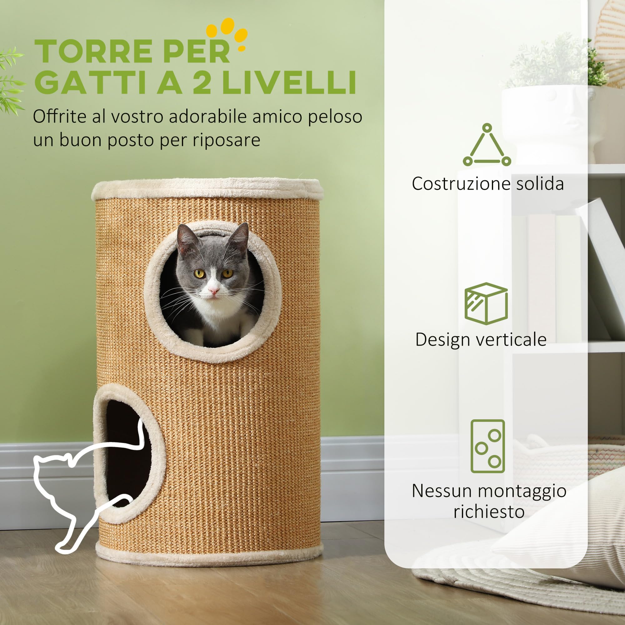 PawHut Torre Tiragraffi per Gatti a 2 Livelli con Rivestimento in Sisal, Casetta per Gatti con Lettini in Peluche, Marrone