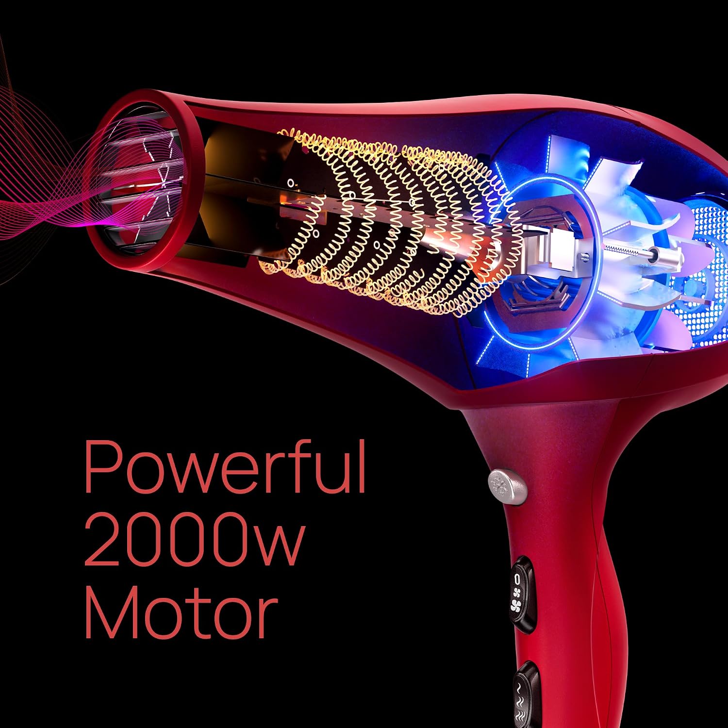 TREZORO Professional Hair Dryer, Ionic Ceramic Tourmaline Technology, 2000W Fast Quiet Drying, with Narrow & Wide Concentrator Nozzles, 3 Heat & 2 Speed Settings, Cool Shot Button, Red